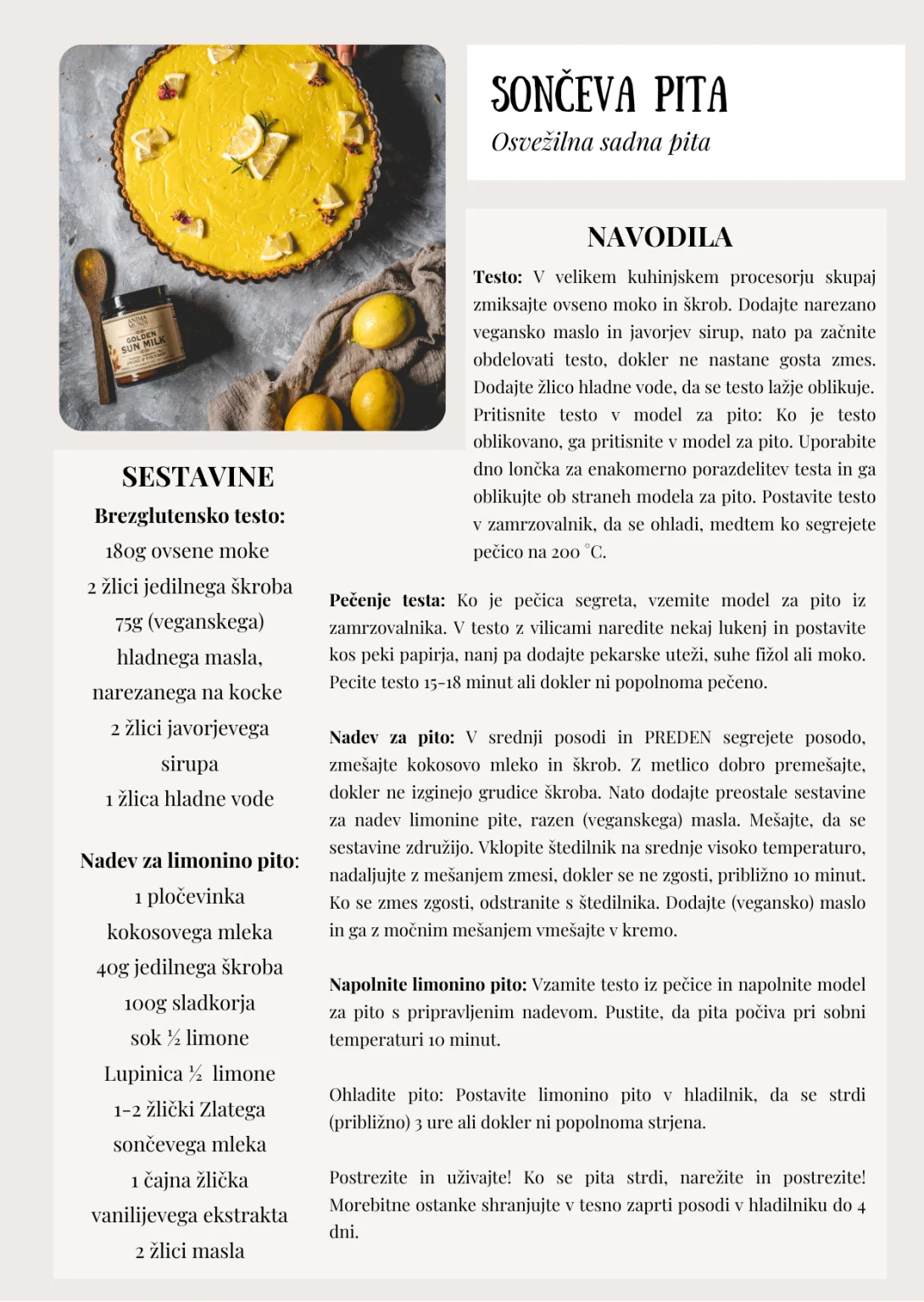 Sončeva pita – sestavine in navodila